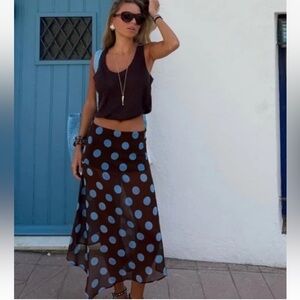 NWT Zara Polka Dot Asymmetric Semi Sheer Skirt Brown Blue Y2K 90s Womens Size M